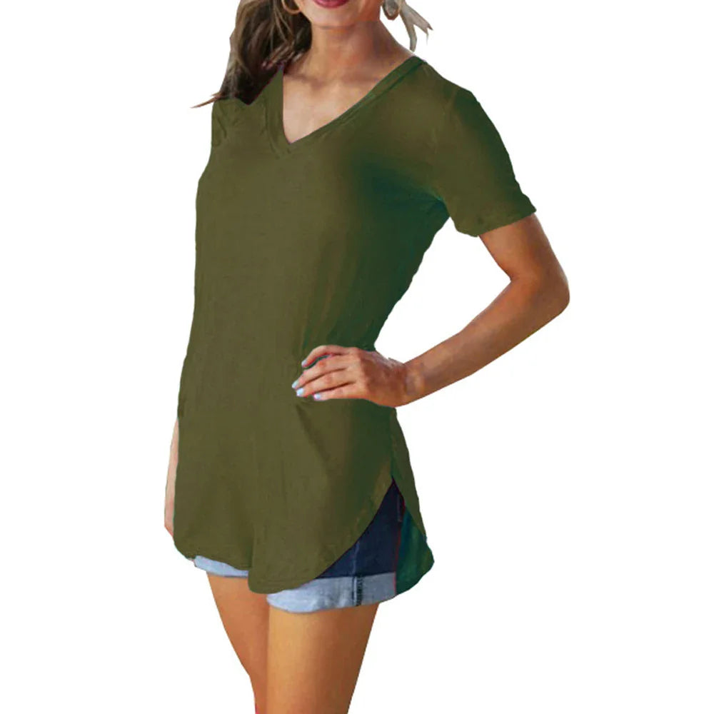 Women’s Summer V-Neck Blouse – Short Sleeve Loose Solid Color T-Shirt with Curved Hem