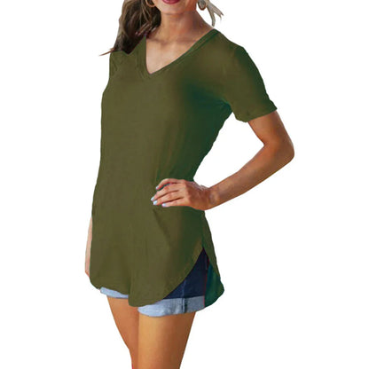 Women’s Summer V-Neck Blouse – Short Sleeve Loose Solid Color T-Shirt with Curved Hem