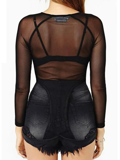Sultry Mesh Elegance: Women's Long Sleeve Black Mesh Top - Transparent Punk Club Shirt, Ideal for Spring Summer Beach Wear
