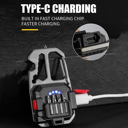 Mini LED Keychain Work Light - Portable Pocket Flashlight USB Rechargeable Camping Lamp with Window Hammer, Bottle Opener