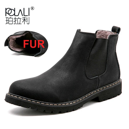 Men’s Winter Chelsea Boots – Black Split Leather Warm Plush Fur Lined Boots