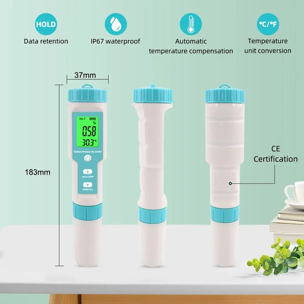 Yieryi TDS, EC, PH, Salinity & ORP Meter - H2, S.G, TEMP Water Quality Monitor for Pools & Aquariums