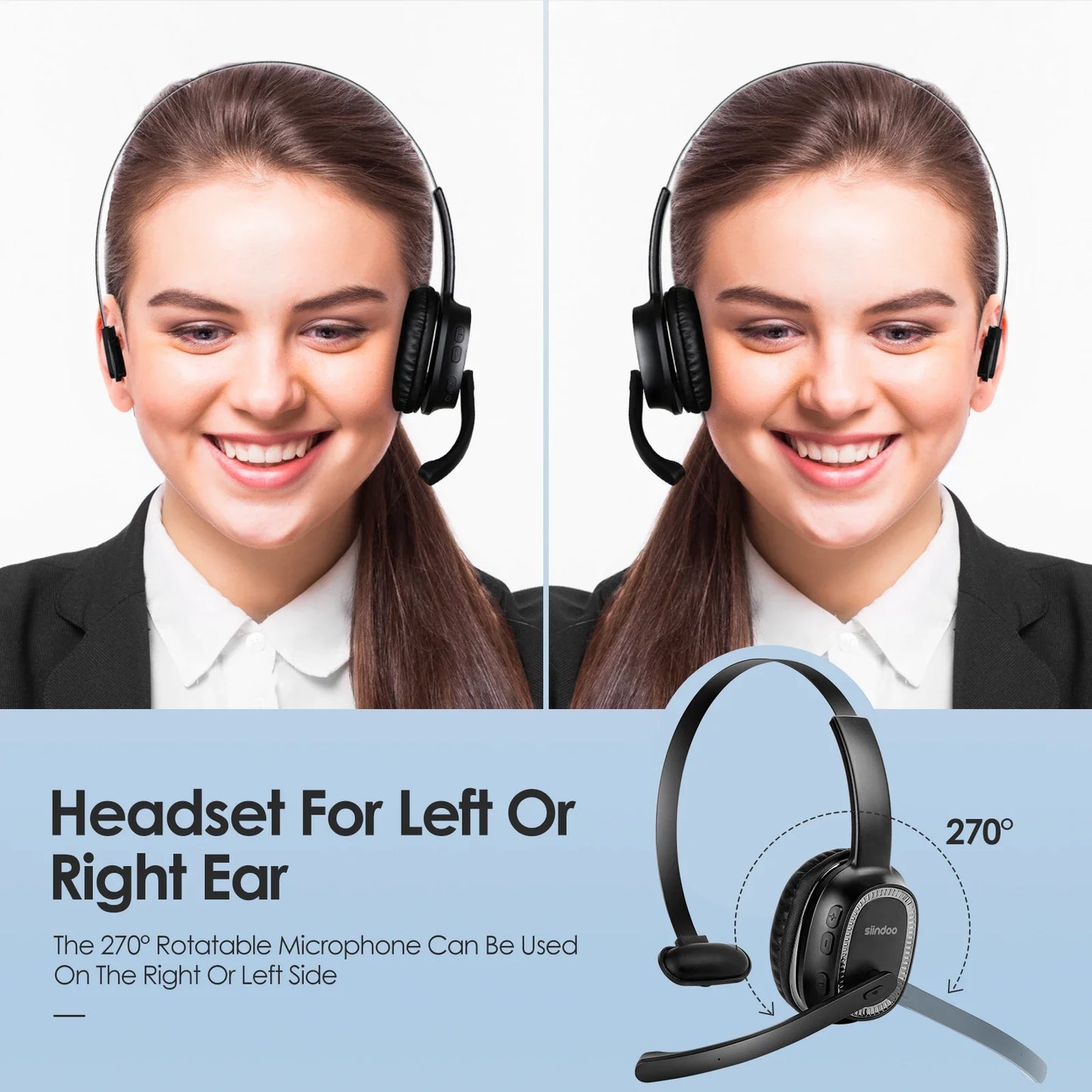 Siindoo JH-101 Wireless Call Center Headset with Mic — Noise Canceling Office Headphones 50H Talk Time