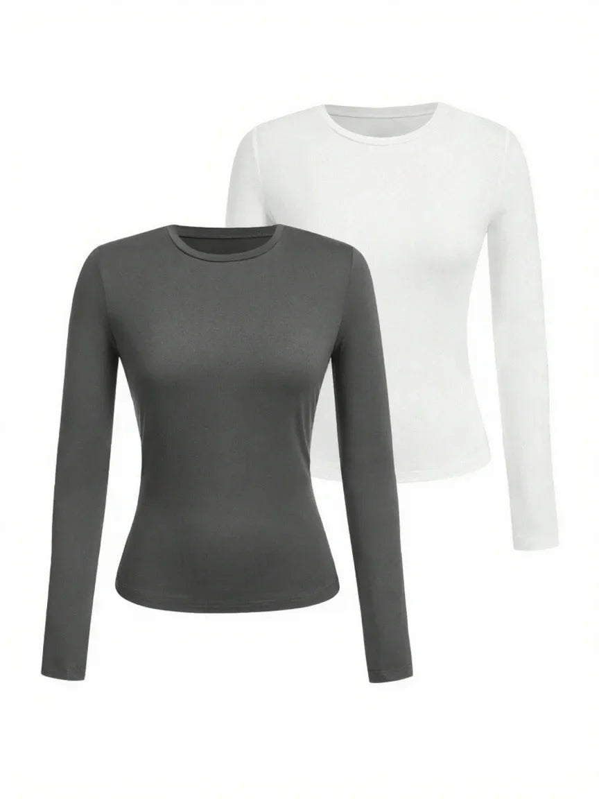 Women's Solid Color Long Sleeve T-Shirt – Round Neck Knitted Polyester Regular Fit Fall Winter Top