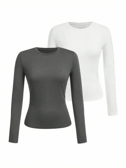 Women's Solid Color Long Sleeve T-Shirt – Round Neck Knitted Polyester Regular Fit Fall Winter Top