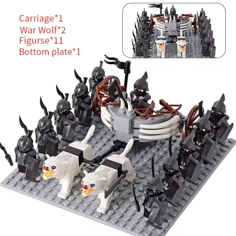 MOC Medieval LOTR Figures — Black Wolves & Mounted Chariots Action Dolls, Assembled Brick Building Blocks Toy