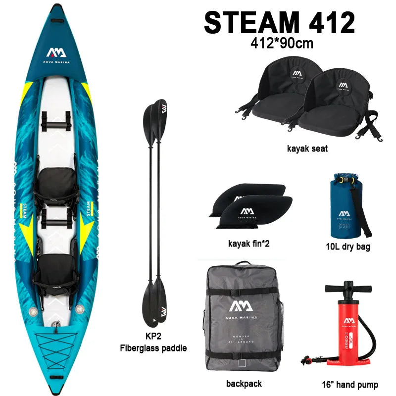 AQUA MARINA STEAM Inflatable Sport Kayak – 1-2 Person PVC Canoe Dinghy Raft with Pump, Seat & Drop Stitch Floor