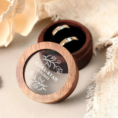 Custom Logo Wooden Ring Box – Engraved Walnut Wood Wedding & Engagement Box with Name & Date
