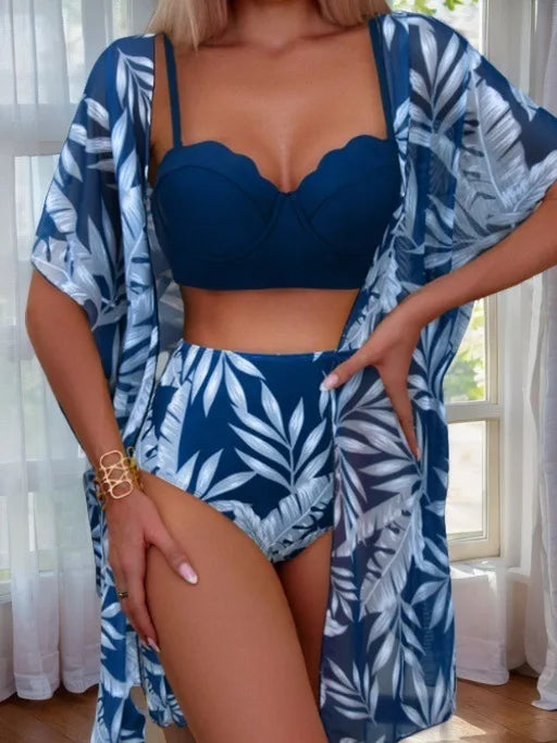 2025 Women’s Three-Piece Floral Bikini Set – Long Sleeve Swimwear with Cover-Up, Stylish Summer Bathing Suit