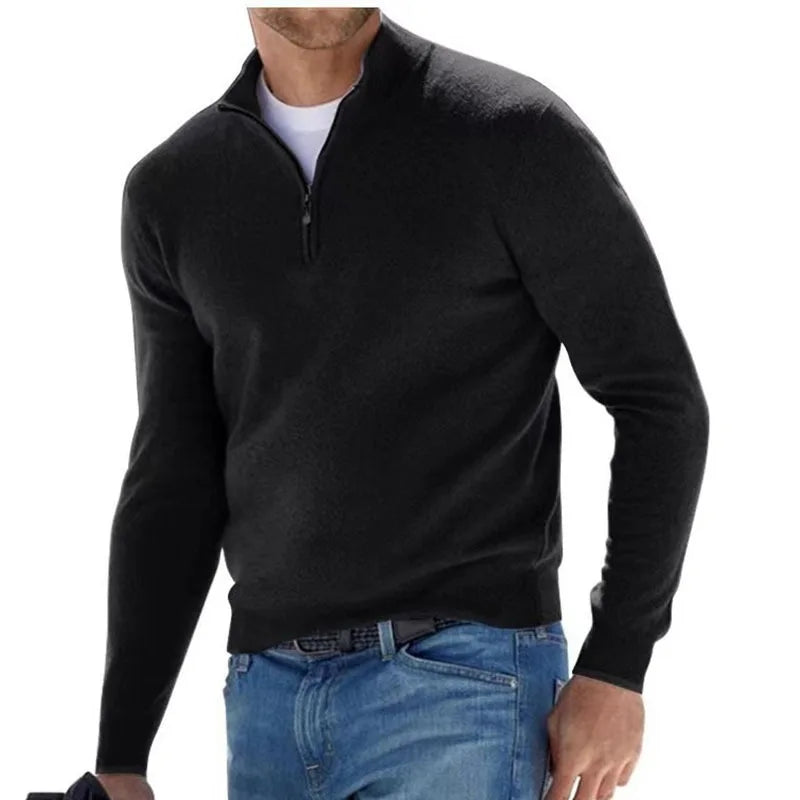 Men's Autumn Pullover Sweatshirt - Warm Solid Color Half-Zipper V-Neck Sweater, Slim Fit Long Sleeve Top