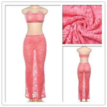 Avrilyaan Women’s 2-Piece Lace Set – Strapless Crop Top & Midi Skirt, Sexy Party Outfit Summer 2024 Fashion Elegant Clubwear Set