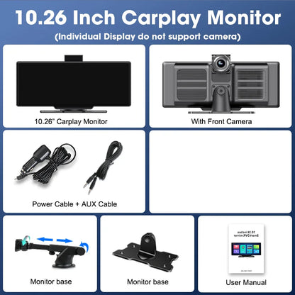 10.26'' 4K Dash Cam Car Mirror Video Player - Wireless CarPlay, Android Auto, GPS, and Rearview Camera Monitor