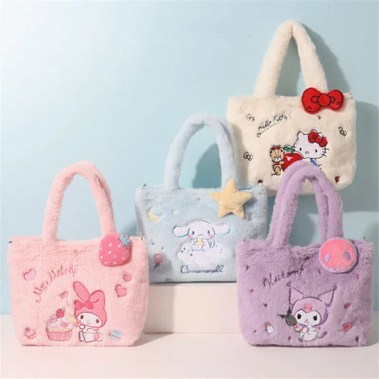Sanrio Plush Bag - Kawaii Cinnamoroll Handbag Tote, Plushie Shoulder Messenger Bags, Kuromi, Hello Kitty Stuffed Makeup Backpack - Perfect Gift