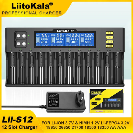 LiitoKala Lii-S12/Lii-S8 Battery Charger – LCD 18650, 21700, 26650, 26700, 20700, 18350, 9V IMR, NiMH/Cd, AA & AAA Rechargeable Batteries