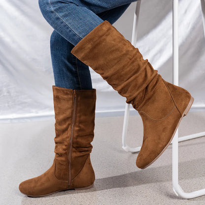 Pleated PU Women’s Fashion Boots – Casual Side-Zip Round Toe Flat High Solid Color Boots