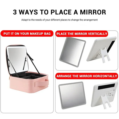 LED Lighted Cosmetic Case with Mirror - PU Leather Portable Travel Makeup Bag - Waterproof Makeup Storage
