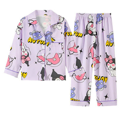 2pcs Kid's Cinnamoroll Pajamas Set - Long Sleeve Top & Pants, Kuromi Sanrio Print Loungewear for Girls