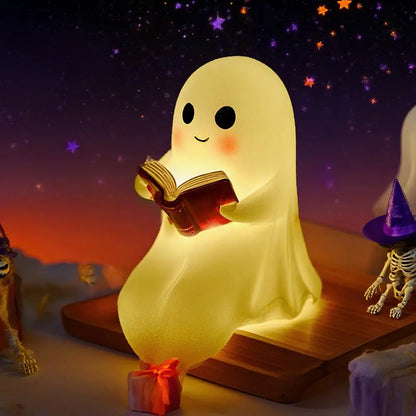 Cute Ghost Reading Book Lamp — Halloween Night Light for Bedroom, Adorable Ghost Decor for Book Lovers