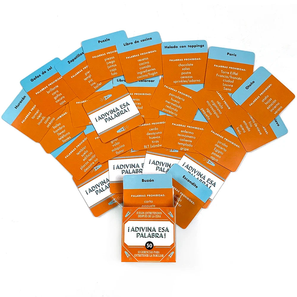 Spanish “Name That Word!” Mini Card Game – 50PCS Family & Camping Party Word Guessing Deck