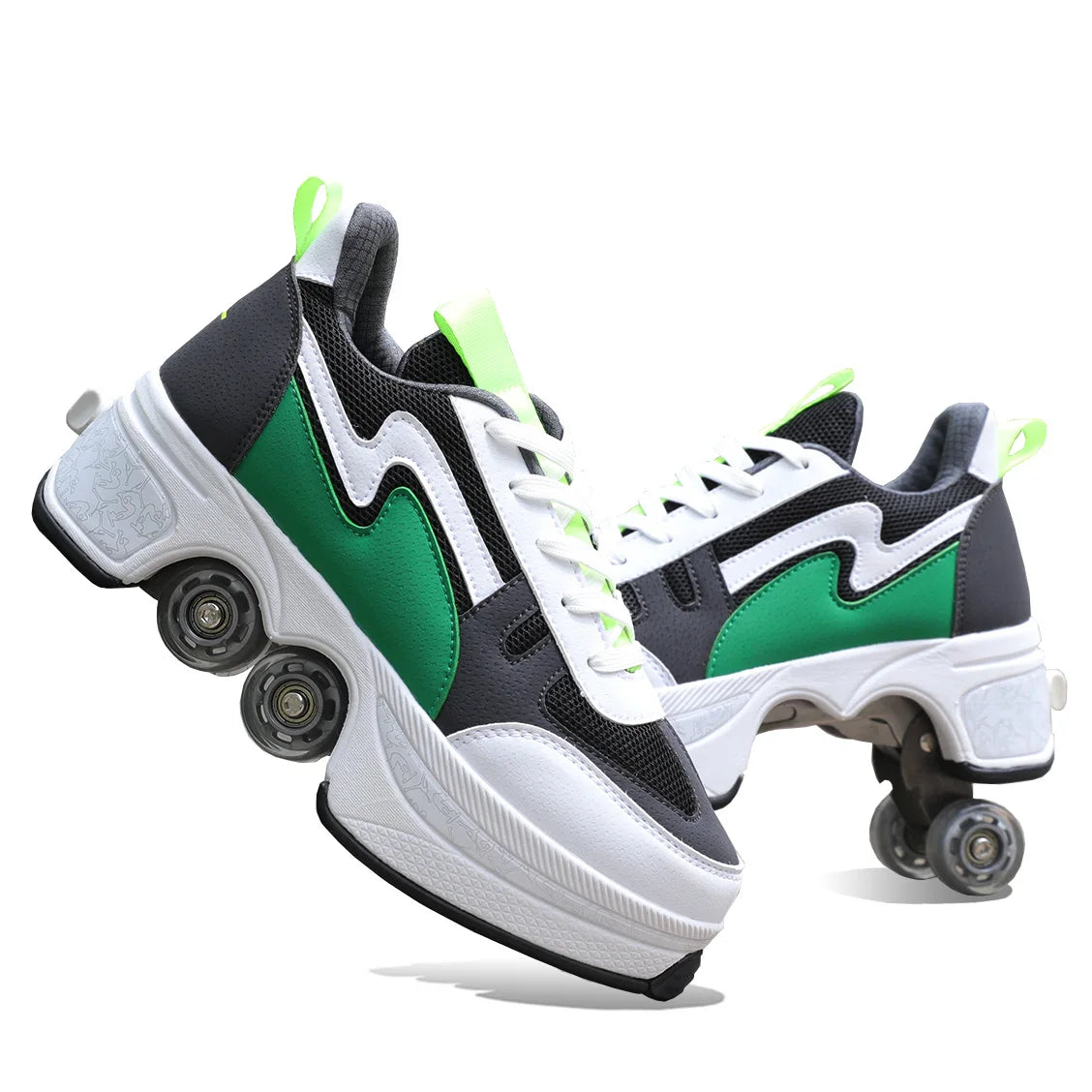 Dual Purpose Roller Skates Shoes - Adjustable Double Row 4-Wheel Deformation Roller Sneakers for Kids & Teens Size 33-44