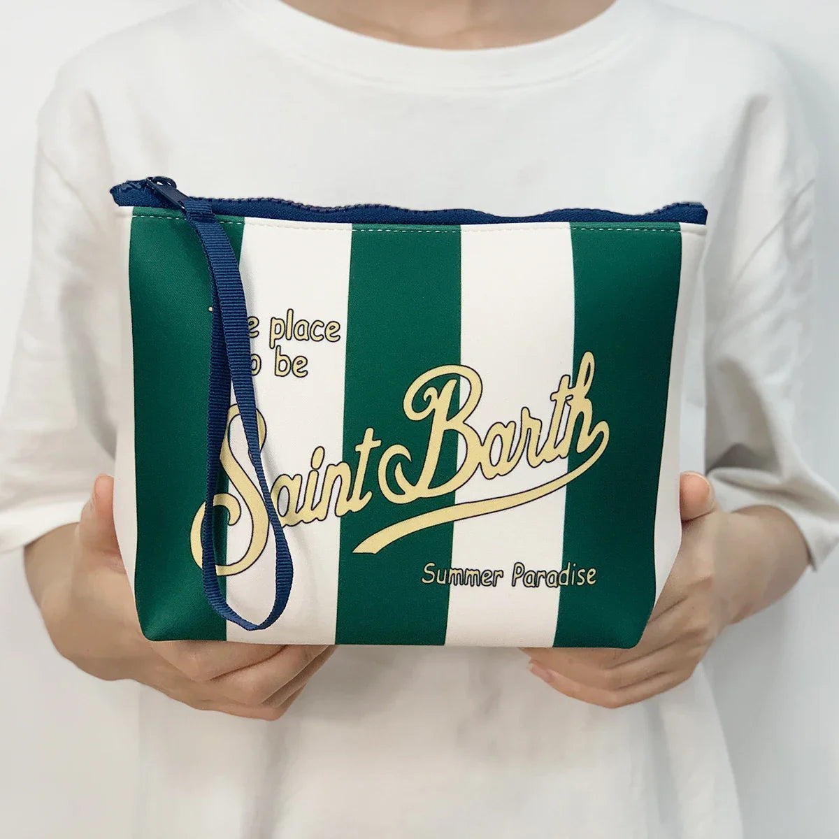S-Saint B-Barth Striped Neoprene Zip-Up Clutch – Unisex Cosmetic & Toiletry Makeup Bag for Women