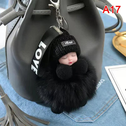 Pompom Sleeping Baby Keychain - Fluffy Plush Doll Keyring for Bags, Cars & Gift Decoration