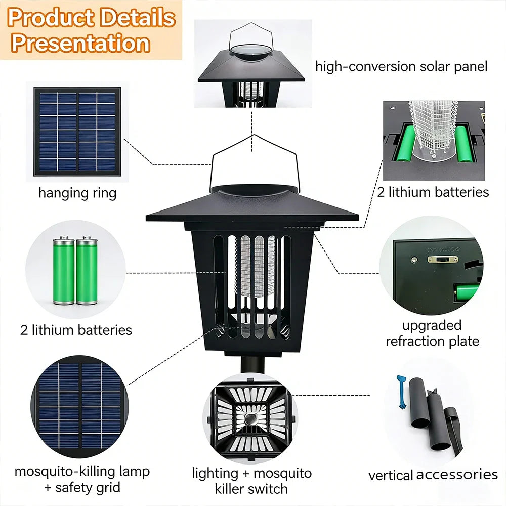 Solar Bug Zapper Lamp - Waterproof Cordless Mosquito Killer with UV & White Light for Indoor Outdoor Use