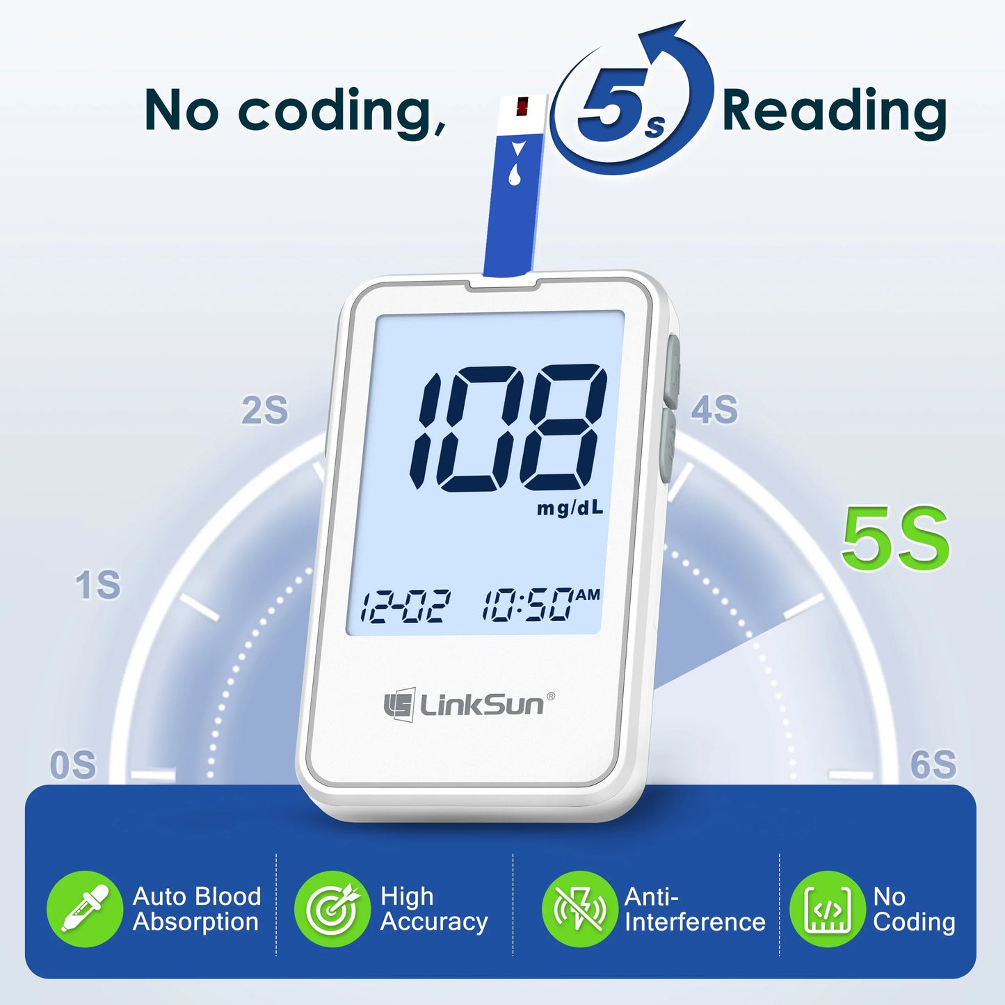 Linksun G-425-2 Blood Glucose Meter — 50/100PCS Test Strips, Digital Diabetes Testing Device, Blood Sugar Monitor