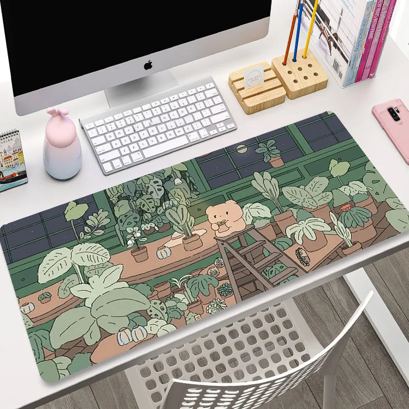 Cute Cat Gaming Mouse Pad - XL Green Plant Design XXL Desk Mat for Keyboard Computer Laptop Gamer Setup