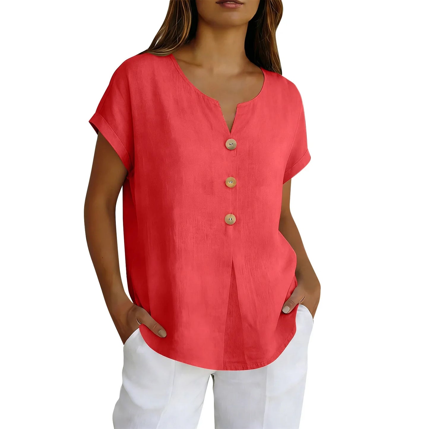 Women’s 2026 Summer Cotton Linen V-Neck Blouse – Solid Color Short Sleeve Loose Button Casual Plus Size Shirt