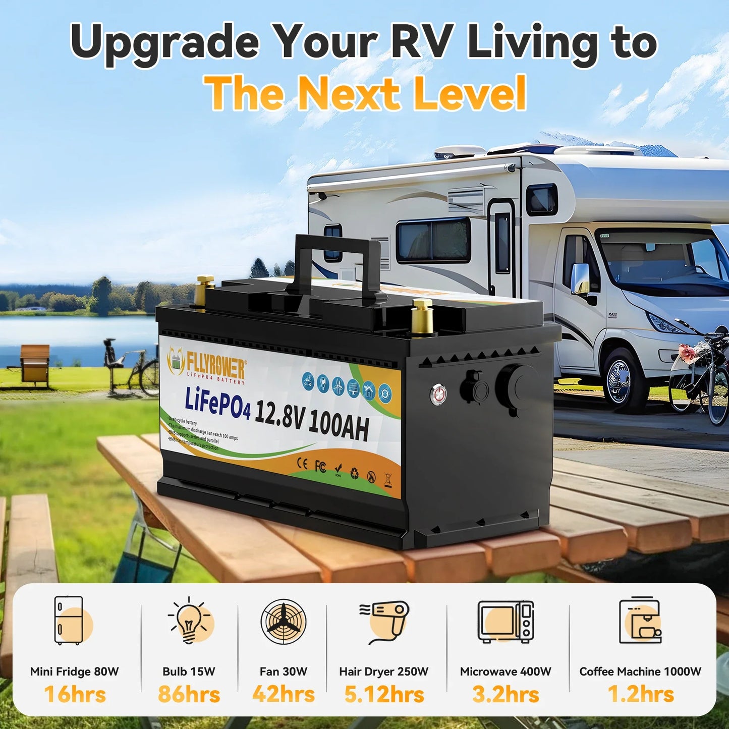 12V 100Ah LiFePO4 Battery Pack – 12.8V Lithium Iron Phosphate with 100A BMS for RV, Boat, Inverter, Solar & Wind Power Systems