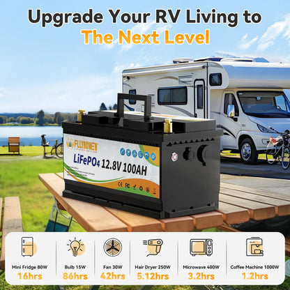 12V 100Ah LiFePO4 Battery Pack – 12.8V Lithium Iron Phosphate with 100A BMS for RV, Boat, Inverter, Solar & Wind Power Systems