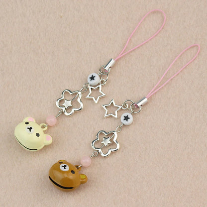 Cute Rilakkuma Bear Bell Phone Charm – Y2K Handmade Star Hanging Chain, Kawaii Beaded Mobile Pendant, Keychain & Cardbook Decoration