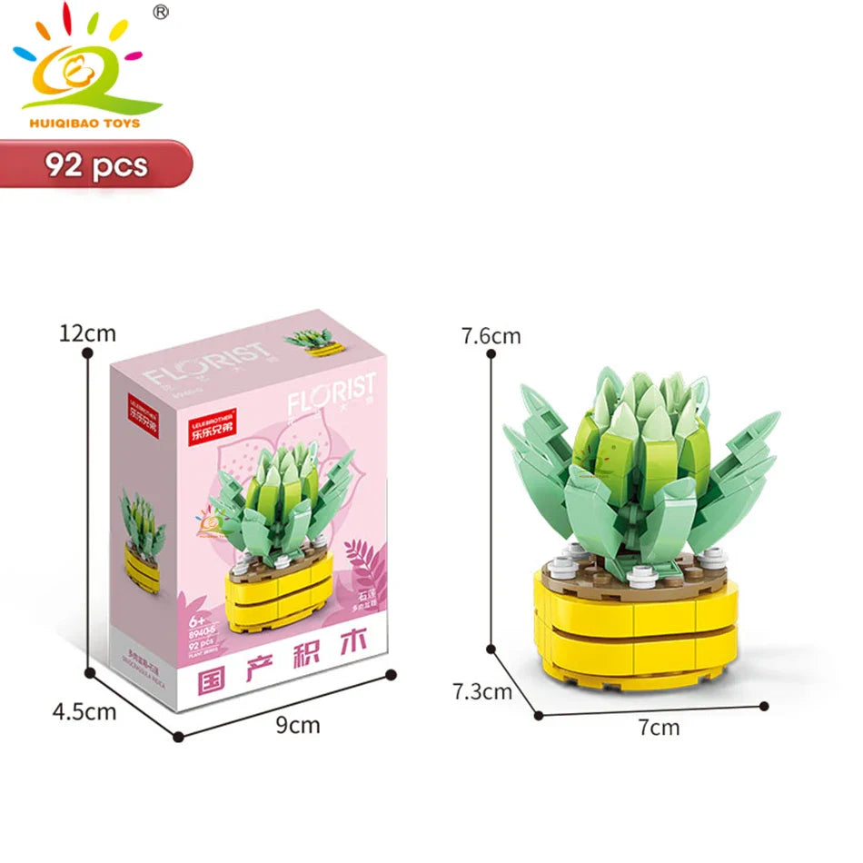 HUIQIBAO MOC Flower & Succulent Potted Building Block Set – DIY Eternal Bouquet, Home Desk Plant Decor, Girls & Kids Toy Gift