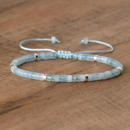 Natural Blue Emperor Stone Beaded Bracelet – Polished Block Beads, Adjustable Woven Rope Women’s Gift Jewelry