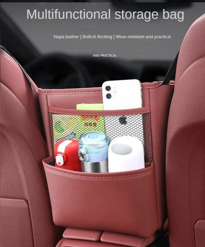 Car Handbag Holder Between Seats – Multi-Functional Leather Storage Bag with Tissue Box, Phone, Cup & Map Organizer