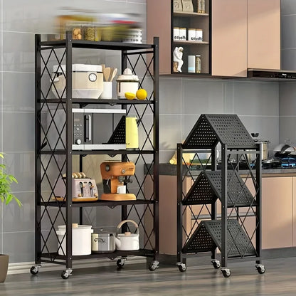 3/4/5-Tier Heavy-Duty Rolling Storage Shelf – Foldable Portable Iron Shelving Unit with Wheels for Home & Garage Organization