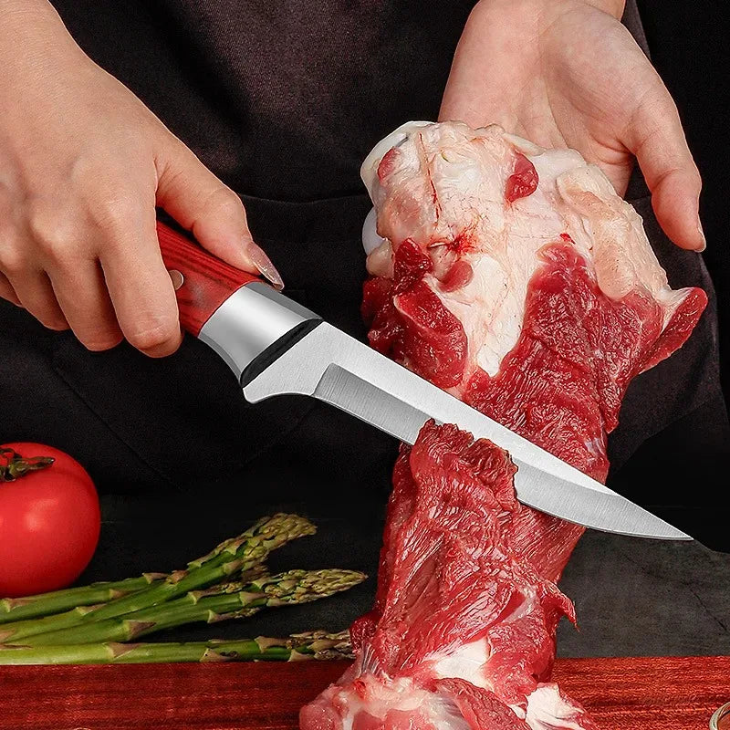 Stainless Steel Boning Knife – Kitchen Fruit Paring, Meat, Pork, Beef, and Fish Cutter with Chef Cleaver and Cover