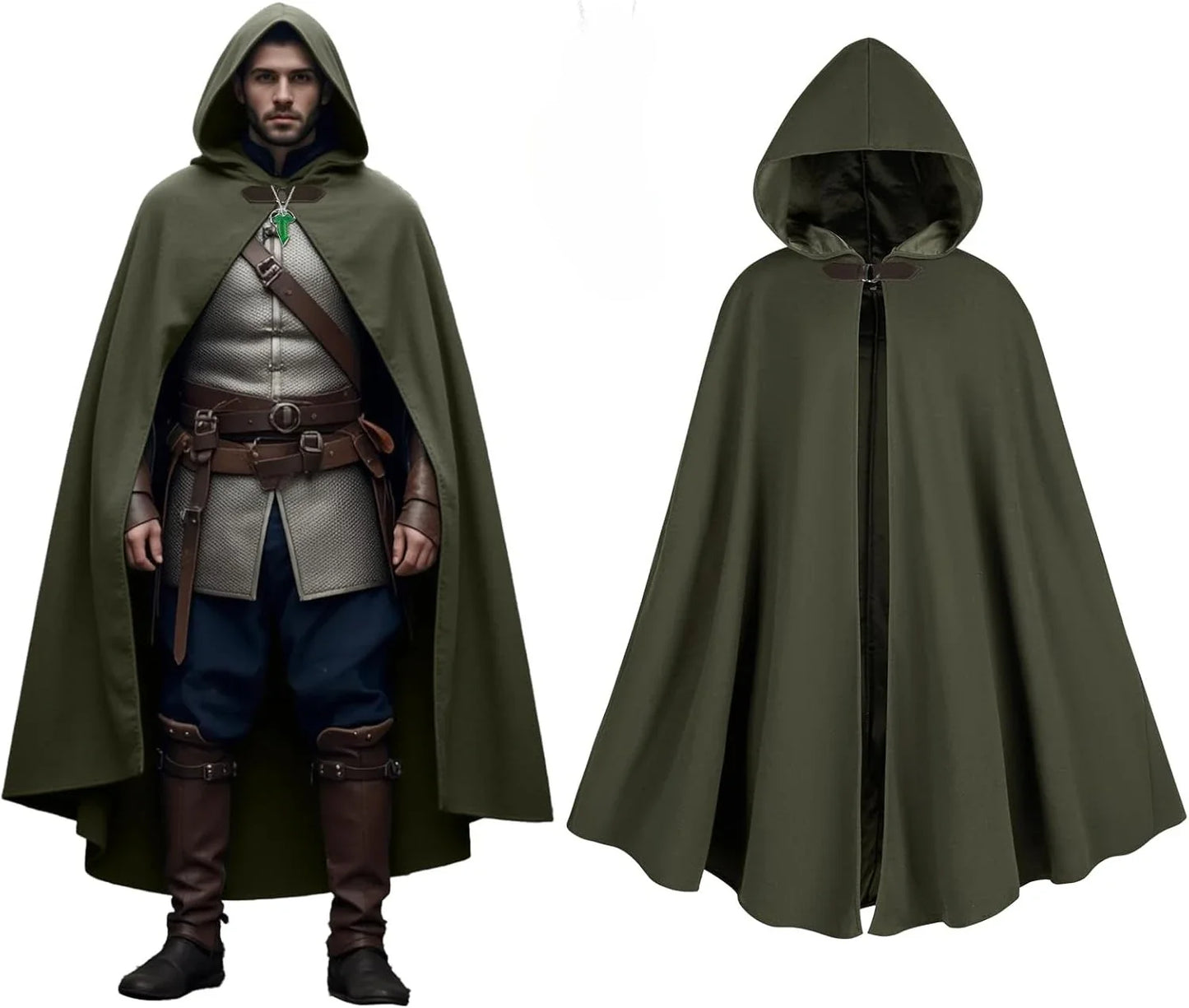 Men’s Medieval Hooded Cloak – Round Metal Buckle with Green Leaf Brooch Necklace for Halloween Costume