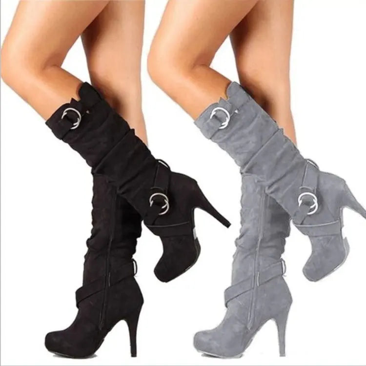 Women’s Knee-High PU Leather Boots – Thin High Heel Platform Round-Toe Fashion Shoes, Size 34-43