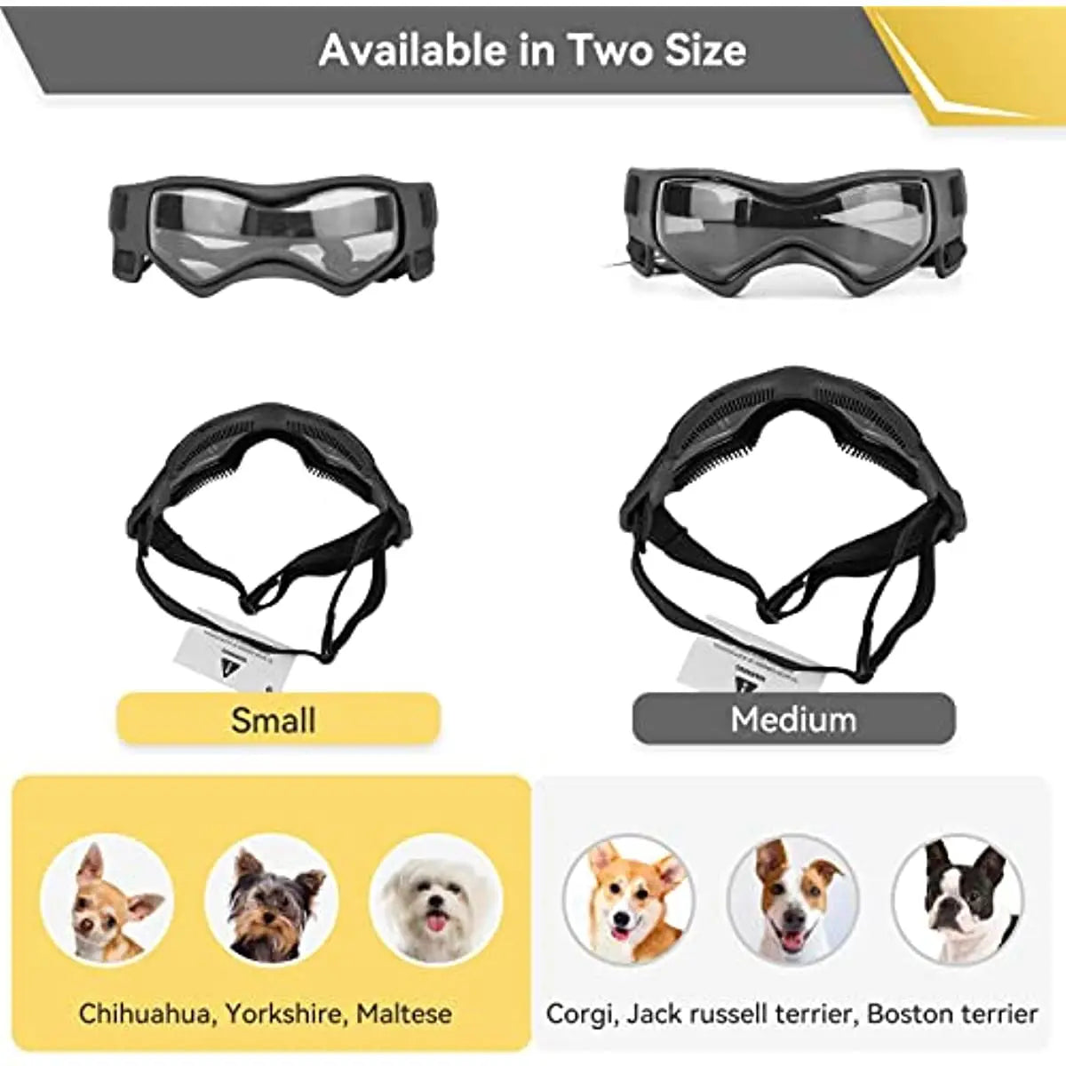 Small Breed Dog Goggles: UV Sunglasses with Windproof Soft Frame - Adjustable Straps for Small/Medium Dogs and Puppies