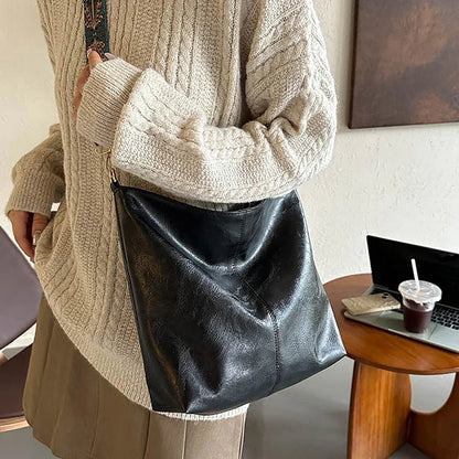 Wide Geometric Strap Shoulder Bag - Large Capacity Crossbody PU Leather Bag for Women, Retro Style for Shopping and Travel
