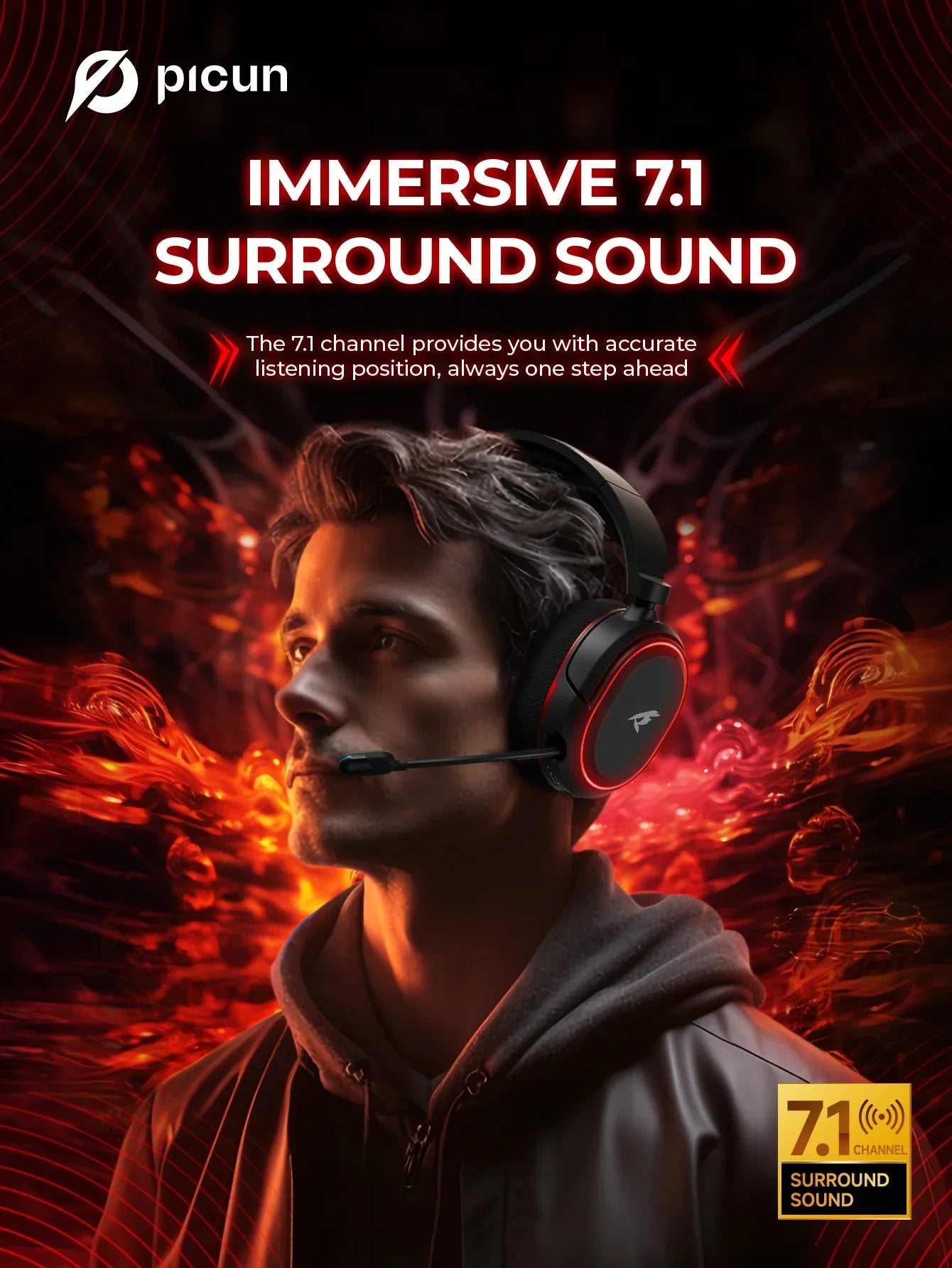 Picun G2 Wireless Gaming Headset – 2.4G & Bluetooth, 5ms Low Latency, 7.1 Surround Sound, ENC Mic for PC, PS4, PS5, Switch & Phone