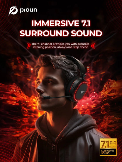 Picun G2 Wireless Gaming Headset – 2.4G & Bluetooth, 5ms Low Latency, 7.1 Surround Sound, ENC Mic for PC, PS4, PS5, Switch & Phone