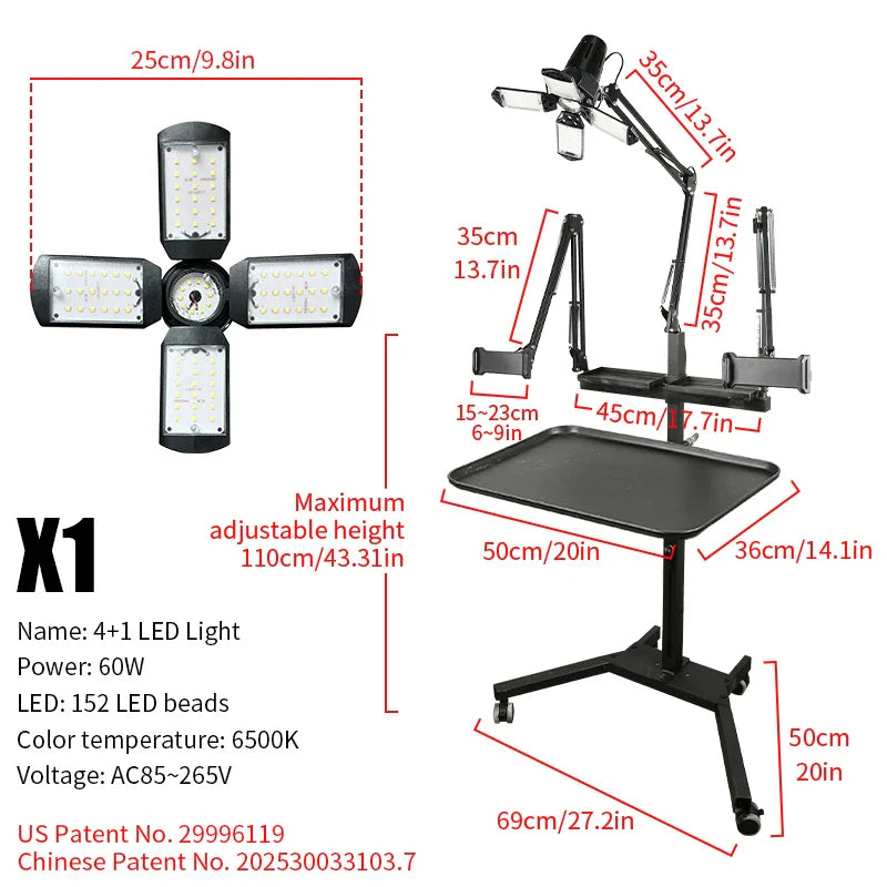 TAIDU Tattoo Workstation – Foldable LED Light 60W with Phone Holder, Tray Table, Nail Lamp & Tattoo Work Cart