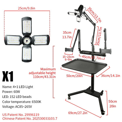 TAIDU Tattoo Workstation – Foldable LED Light 60W with Phone Holder, Tray Table, Nail Lamp & Tattoo Work Cart