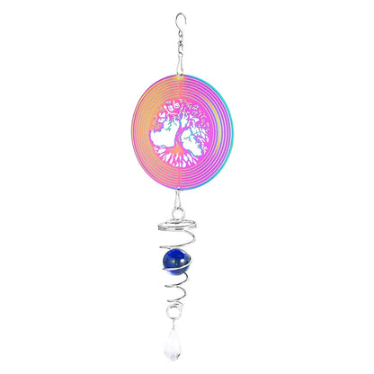 Tree of Life Wind Spinner with Gradient Spiral Tail – Hanging Garden Decor with Gazing Ball & Wind Chime Effect
