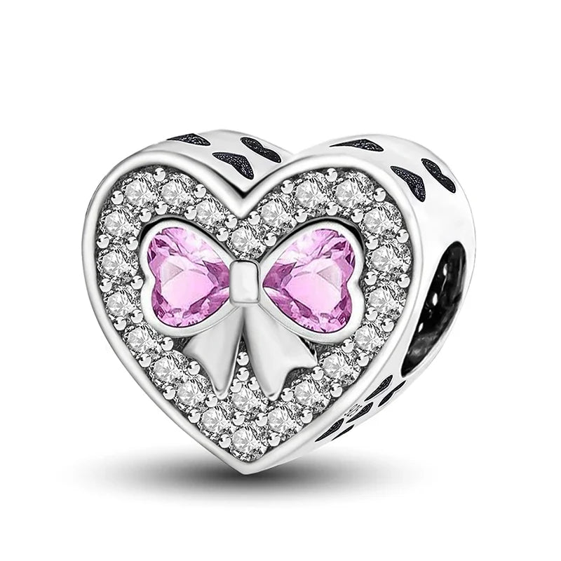 925 Sterling Silver Pink Heart Charm - Zircon Love Pendant Bead for DIY Bracelets, Bangles & Women’s Jewelry
