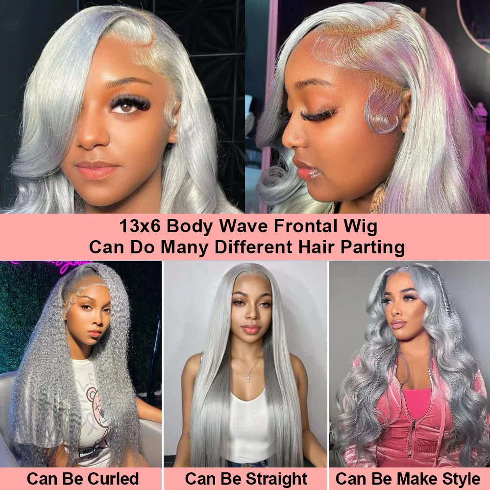 13x6 Silver Grey Body Wave Lace Front Wig – 100% Human Hair, Preplucked 13x4 Lace Frontal Brazilian Wig, 36 Inch