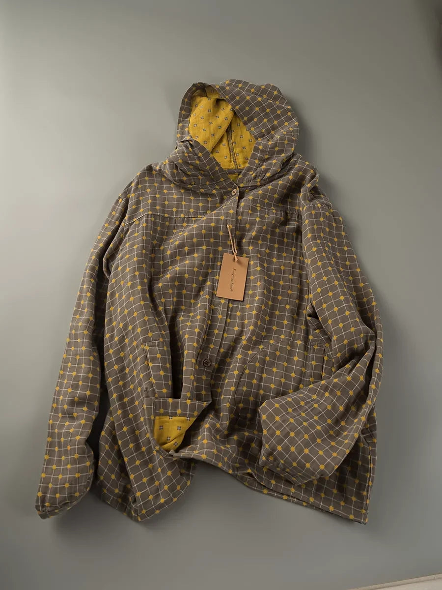 100% Cotton Plaid Hooded Shirt - Women's Casual Oversized Long Sleeve Top for Spring & Autumn